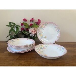 Vintage Luminarc France Floral Dish‎ Set Plates Bowls Pink Rim Pastel Flowers